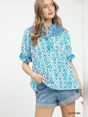 Umgee Mix Boho Puff Sleeve Smocked Top